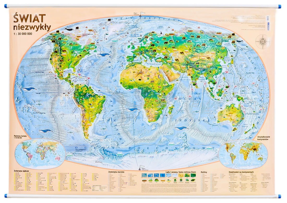 Świat Niezwykły 1:30 000 000. Mapa ścienna fizyczna (krajobrazowa). Demart