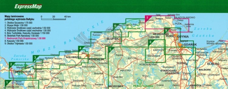 Nadmorski Park Krajobrazowy. Laminowana mapa turystyczna wydawnictwa ExpressMap. Zasięg i pozostałe publikacje