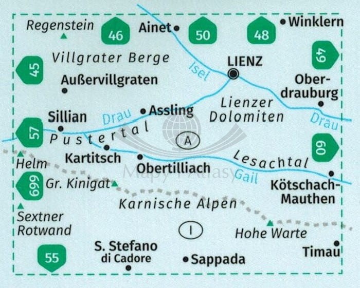 Alpy Karnickie / Lienzer Dolomiten, Lesachtal, Karnischer Hohenweg. Wodoodporna mapa turystyczna 47 wydawnctwa Kompass. Zasięg