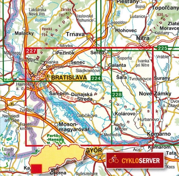 Podunajsko - zapad / Dunaj - zachód, Bratysława mapa turystyczna wydawnictwa Shocart. Zasięg
