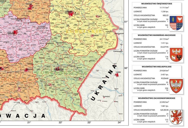 Polska 1:750 000. Dwustronna mapa ścienna. Administracyjna i fizyczna z elementami ekologii. Wydawnictwo: Meridian. Strona 1 - fragment