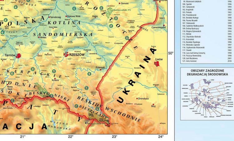 Polska 1:750 000. Dwustronna mapa ścienna. Administracyjna i fizyczna z elementami ekologii. Wydawnictwo: Meridian. Strona 2 - fragment 2