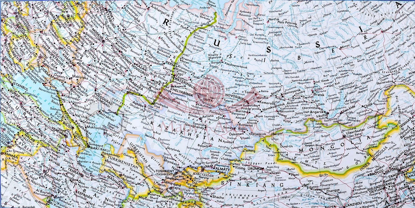 Azja Środkowa, Europa Wschodnia, Zachodnia Syberia, Kazachstan, Mongolia. Mapa ścienna
