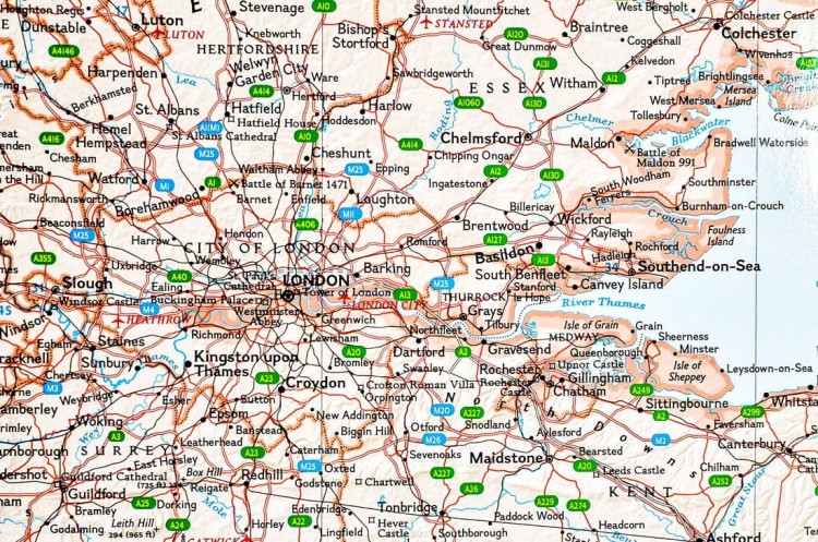 Anglia i Walia 1:868 420. Mapa w ramie drewnianej. Wydawnictwo: National Geographic. Fragment 2