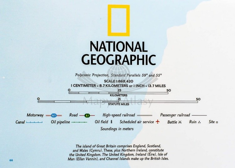 Anglia i Walia 1:868 420. Mapa w wersji do wpinania. Wydawnictwo: National Geographic. Legenda