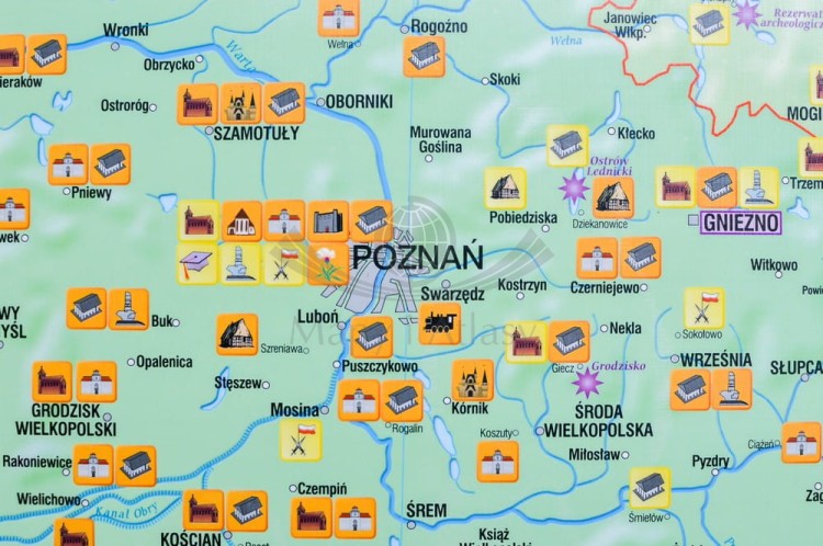 Polska. Dwustronna mapa ścienna krajoznawcza. Wydawnictwo: Meridian. Historia i kultura - fragment 2