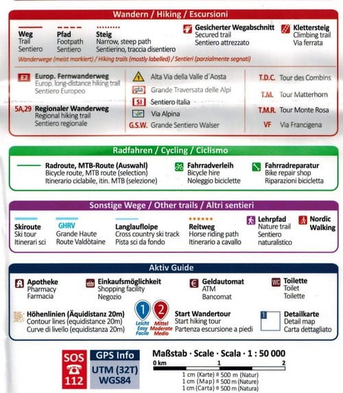 Alpy Pennińskie (Walijskie). Breuil-Cervinia, Zermatt, Matterhorn. Wodoodporna mapa turystyczna 87 wydawnictwa Kompass. Legenda 3