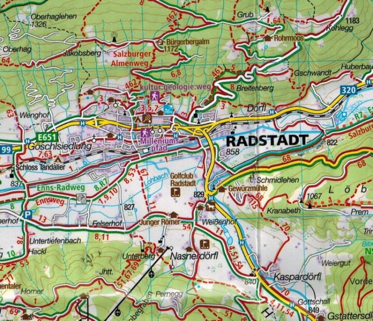 Radstadt, Schladming, Flachau, Dachstein, Niskie Taury. Wodoodporna mapa turystyczna 31 wydawnictwa Kompass. Fragment 1