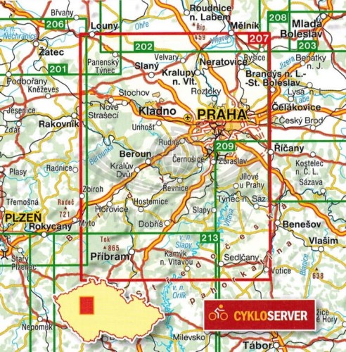 Praga i okolice. Brdy, Krivoklatsko. Mapa turystyczna 207 wydawnictwa Shocart. Zasięg