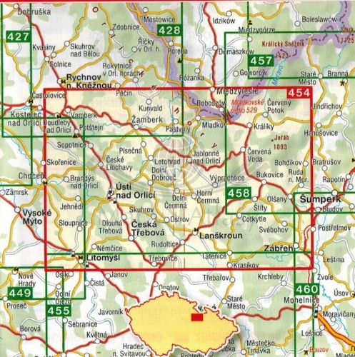 Ceskomoravske Mezihori, Lanskrounsko. Mapa turystyczna 454 wydawnictwa Shocart. Zasięg
