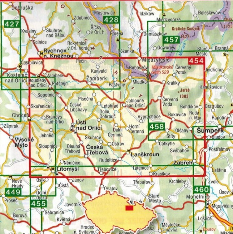 Ceskomoravske Mezihori, Lanskrounsko. Mapa turystyczna 454 wydawnictwa Shocart. Zasięg