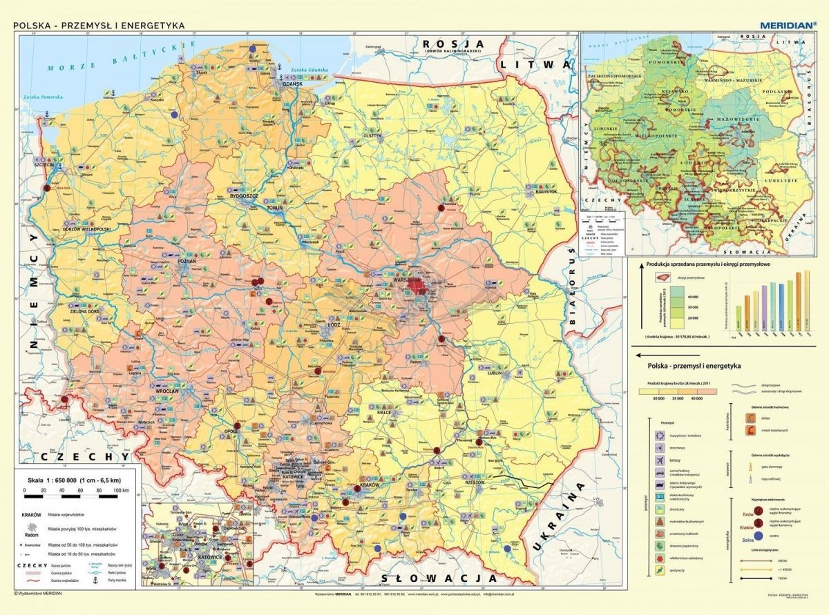 Polska - przemysł i energetyka 1:650 000. Mapa ścienna. Drewniane półwałki