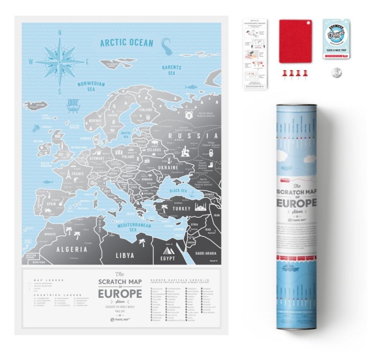 Europa. Mapa zdrapka Travel Map Silver Europe. Zawartość zestawu