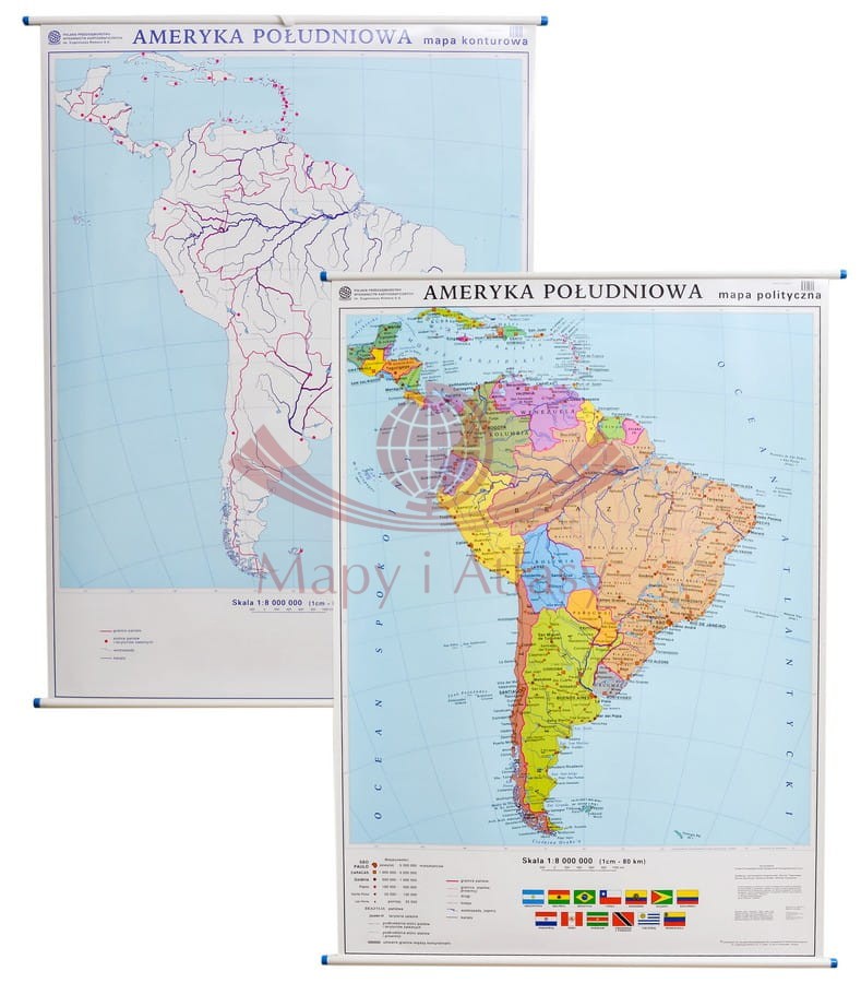 Ameryka Południowa. Dwustronna mapa ścienna. Polityczna / konturowa