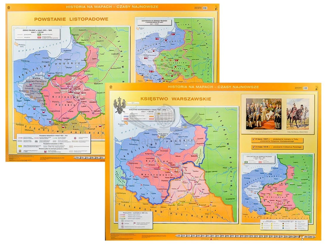 Księstwo Warszawskie / Powstanie listopadowe. Dwustronna mapa ścienna