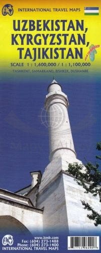 Uzbekistan, Kirgistan, Tajikistan. Wodoodporna mapa samochodowo-turystyczna wydawnictwa ITMB. Okładka
