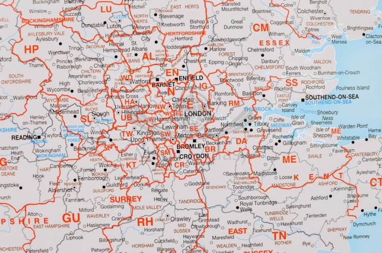 Wielka Brytania mapa ścienna kodowa Maps International fragment 3