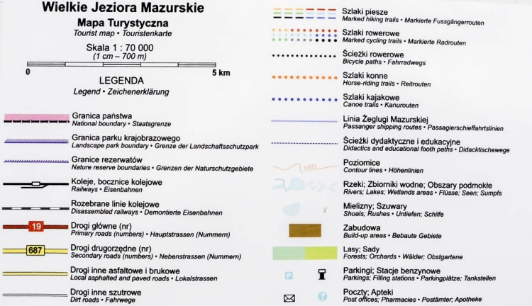 Mazury / Wielkie Jeziora Mazurskie. Mapa ścienna. Legenda 1