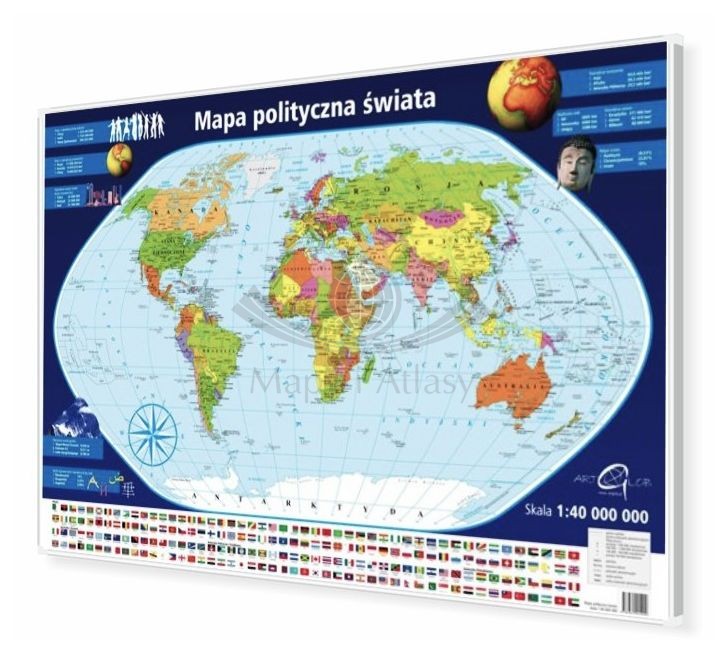 Świat 1:40 000 000. Mapa polityczna magnetyczna. Rama alu SLIM