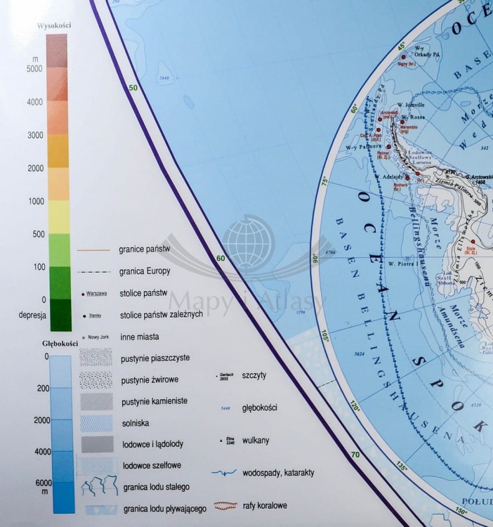 Świat fizyczny 1:28 000 000 Mapa w ramie Piętka legenda