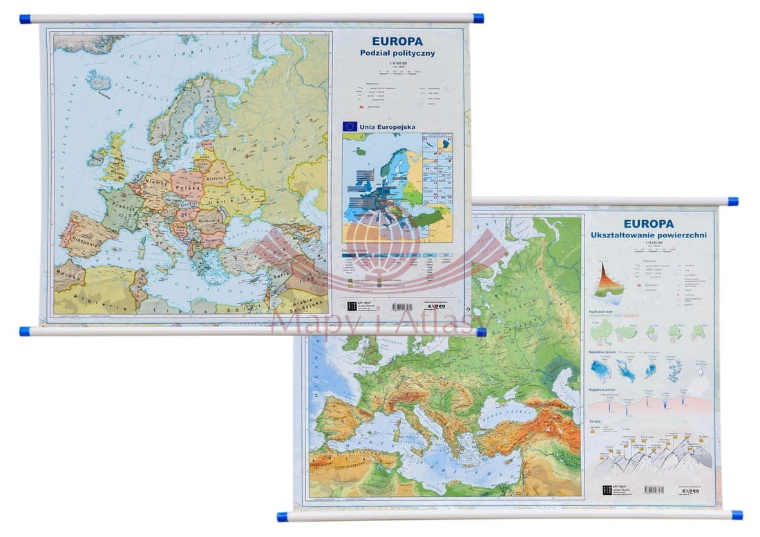 Europa. Mapa polityczna i fizyczna.  Dwustronna mapa ścienna