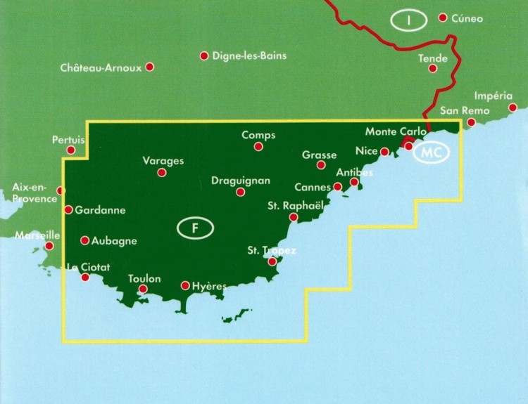 Lazurowe Wybrzeże / Riwiera Francuska Mapa samochodowa FB zasięg