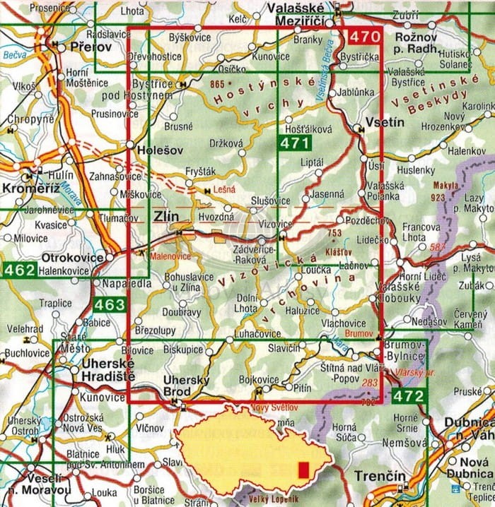 Zlin, Góry Hostyńskie i Wizowickie / Zlinsko, Hostynske a Vizovicke Vrchy. Mapa turystyczna 470 wydawnictwa Shocart. Zasięg