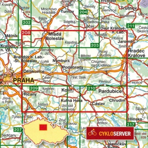 Wschodnie okolice Pragi, Polabi 1:100 000. Mapa turystyczna 208 wydawnictwa Shocart. Zasięg