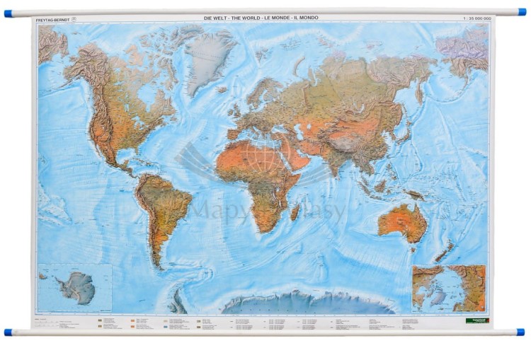 Świat 1:35 000 000. Mapa ścienna fizyczna wydawnictwa Freytag & Berndt