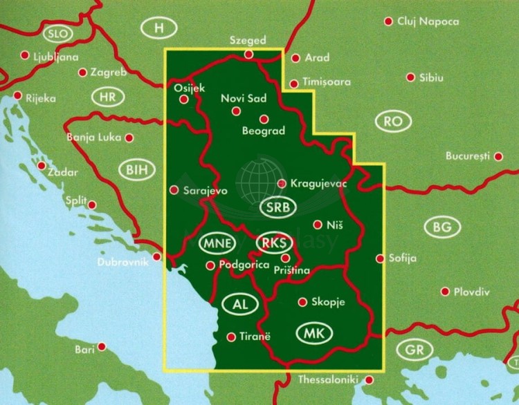 Serbia, Czarnogóra, Kosowo, Macedonia Mapa samochodowa Freytag &amp; Berndt. Zasięg