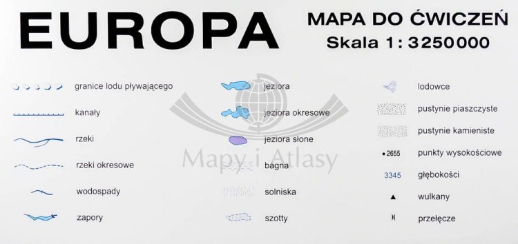 Europa ogólnogeograficzna (do ćwiczeń) 1:3 250 000 Mapa w ramie Nowa Era legenda