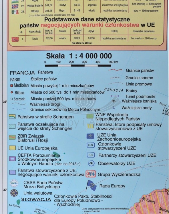UE - strefa Shengen 1:4 000 000 Mapa do wpinania Meridian legenda