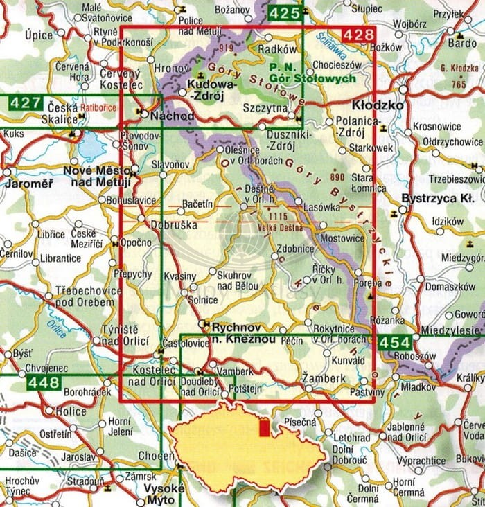 Góry Orlickie i Stołowe / Orlicke Hory. Mapa turystyczna 428 wydawnictwa Shocart. Zasięg