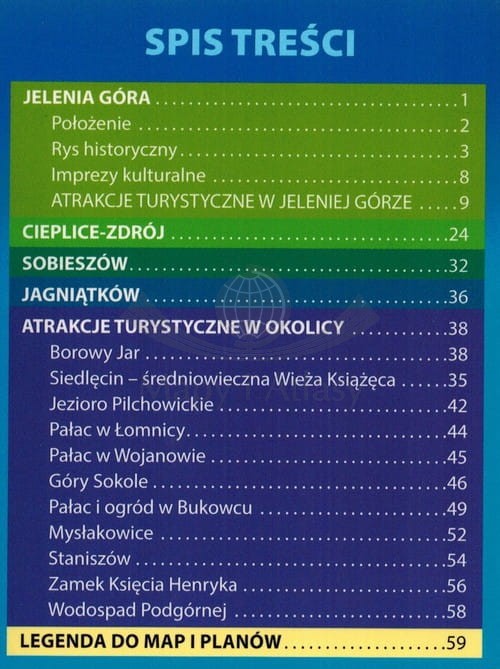 Jelenia Góra Przewodnik laminowany. Wydawnictwa Galileos. Spis treści