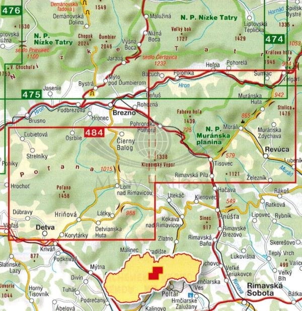 Polana, Muranska planina. Mapa turystyczna 484 wydawnictwa Shocart. Zasięg