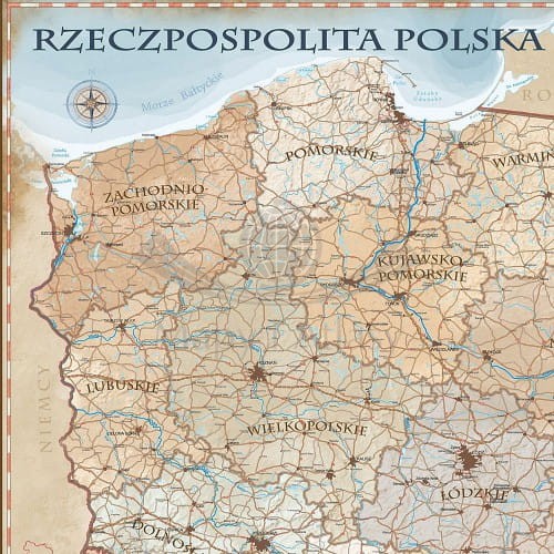 Rzeczpospolita Polska. Mapa administracyjno-drogowa, stylizowana. Wersja do wpinania. Fragment 1