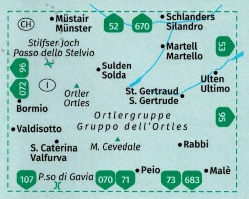 Alpy Retyckie. Ortler / Ortles, Cevedale. Wodoodporna mapa turystyczna 72 wydawnictwa Kompass. Zasięg
