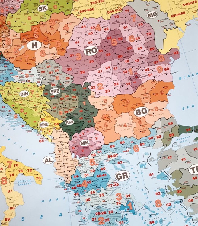 Europa. Mapa ścienna z kodami pocztowymi wydawnictwa Way-OK. Podgląd fragmentu mapy.