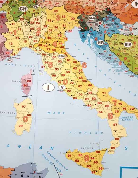 Europa. Mapa ścienna z kodami pocztowymi wydawnictwa Way-OK. Podgląd fragmentu mapy.