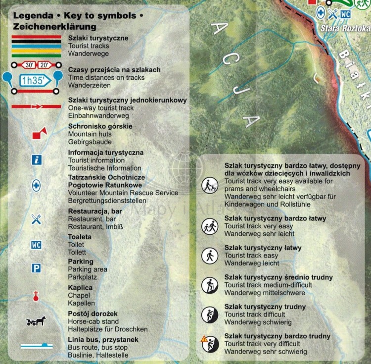 Tatry Polskie Schematy szlaków turystycznych Gauss. Legenda