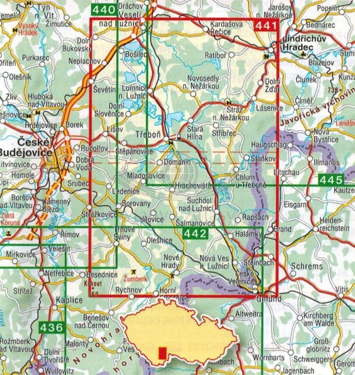 Trebonsko, Horni Luznice. Mapa turystyczna 441 wydawnictwa Shocart. Zasięg