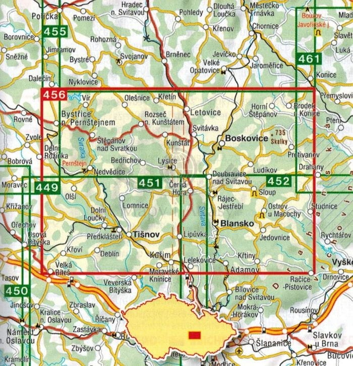 Blanensko, Boskovicko. Mapa turystyczna 456 wydawnictwa Shocart. Zasięg