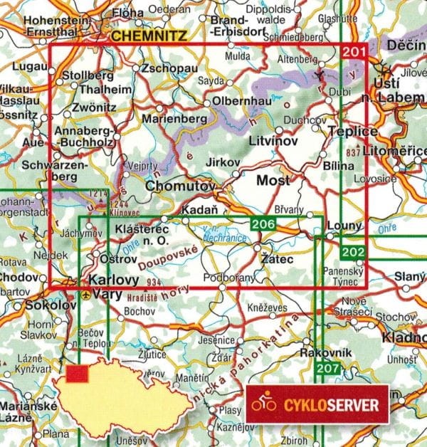 Góry Kruszne, Rudawy / Krusne Hory. Mapa turystyczna 201 wydawnictwa Shocart. Zasięg