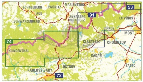 Krusne Hory (Rudawy) - zachód. Mapa turystyczna 74 wydawnictwa Geodezie On Line. Zasięg