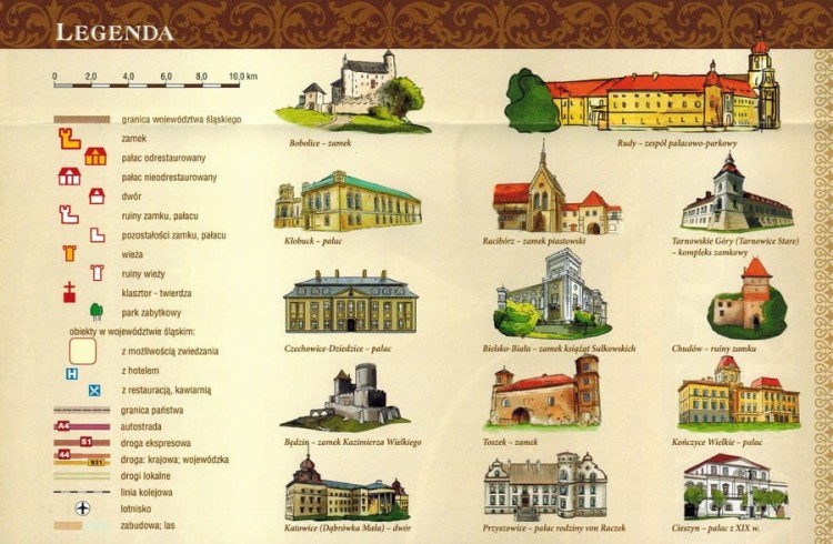 Województwo śląskie. Zamki i pałace. Mapa samochodowo-turystyczna wydawnictwa Galileos. Legenda