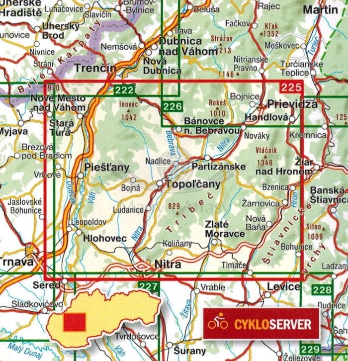Trybecz, Góry Inowieckie / Tribec, Povazsky Inovec, Vtacnik. Mapa turystyczna 225 wydawnictwa Shocart. Zasięg