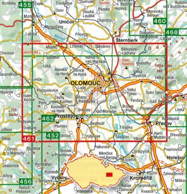 Ołomuniec, okolice Ołomuńca / Olomoucko. Mapa turystyczna 461 wydawnictwa Shocart. Zasięg