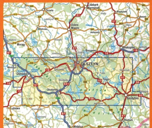 Pojezierze Olsztyńskie - część południowa. Mapa turystyczna wydawnictwa Compass. Zasięg