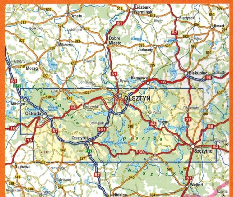 Pojezierze Olsztyńskie - część południowa. Mapa turystyczna wydawnictwa Compass. Zasięg
