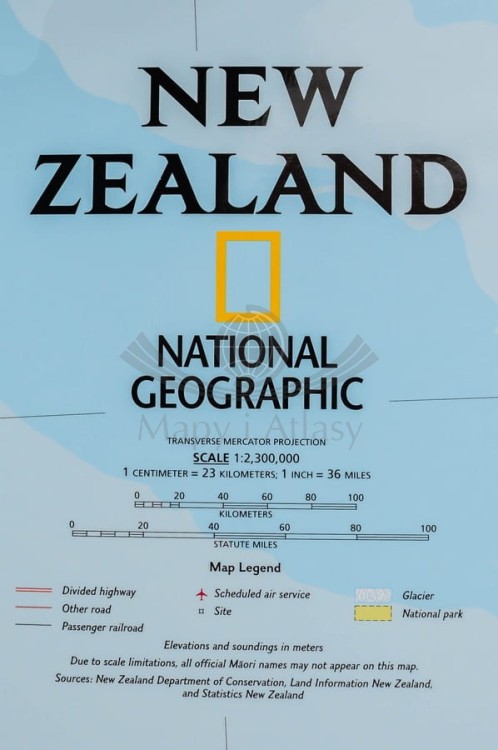 Nowa Zelandia 1:2 300 000. Mapa w ramie drewnianej wydawnictwa National Geographic. Legenda